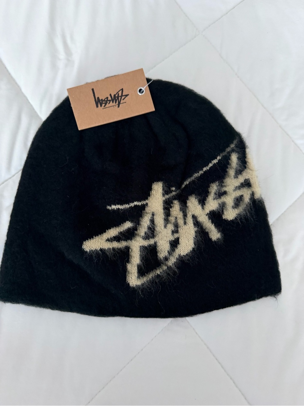 Stüssy Black Fuzzy Knit Logo Beanie Cream Signature NWT